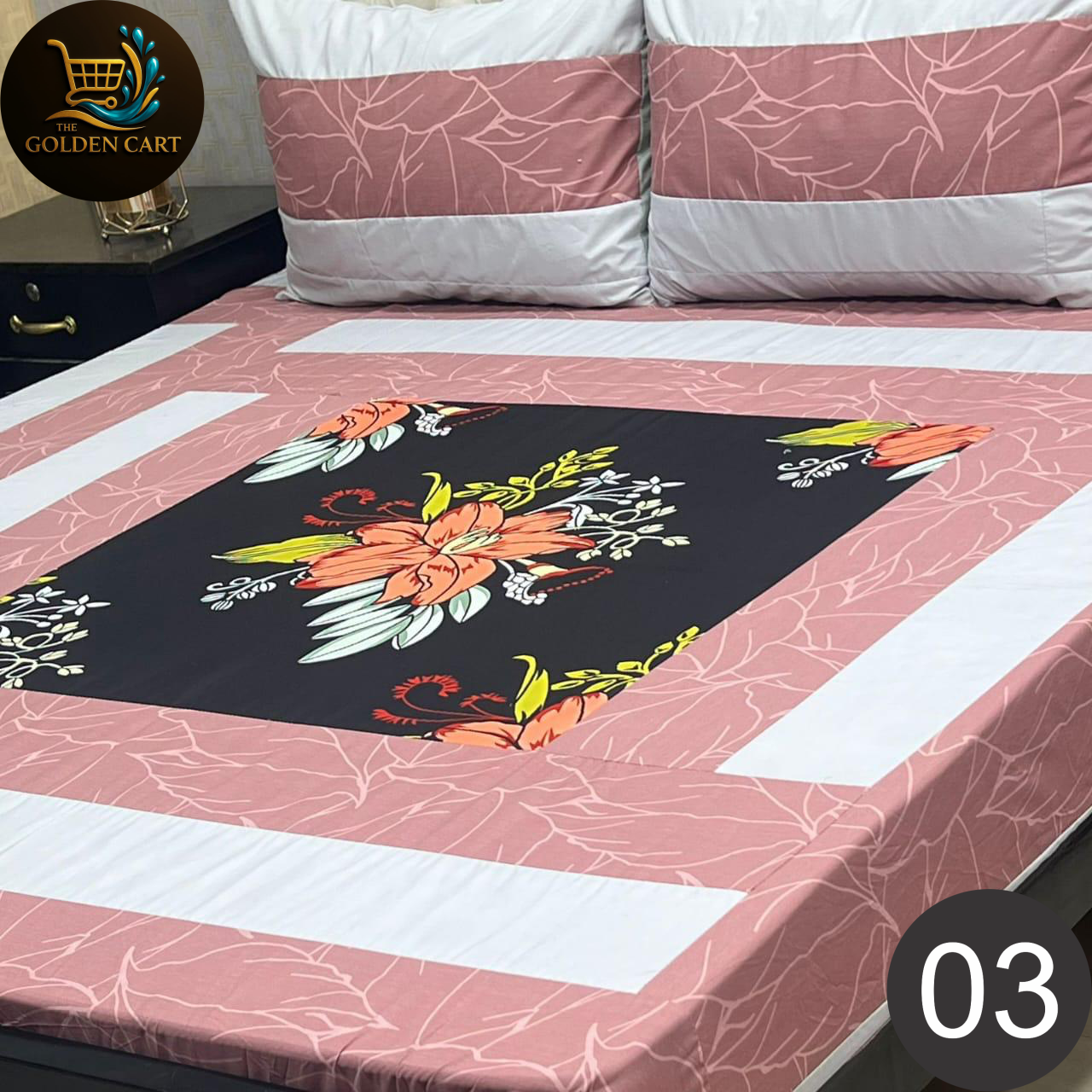 Pure Cotton Gold Panel King Size Bedsheet [SET A]