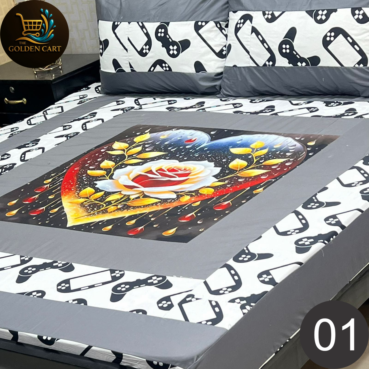 Pure Cotton Gold Panel King Size Bedsheet [SET B]