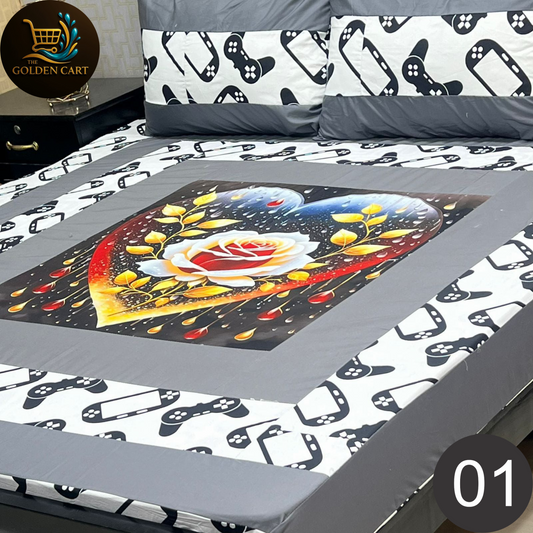 Pure Cotton Gold Panel King Size Bedsheet [SET B]