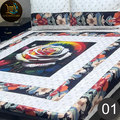 Pure Cotton Gold Panel King Size Bedsheet [SET D]