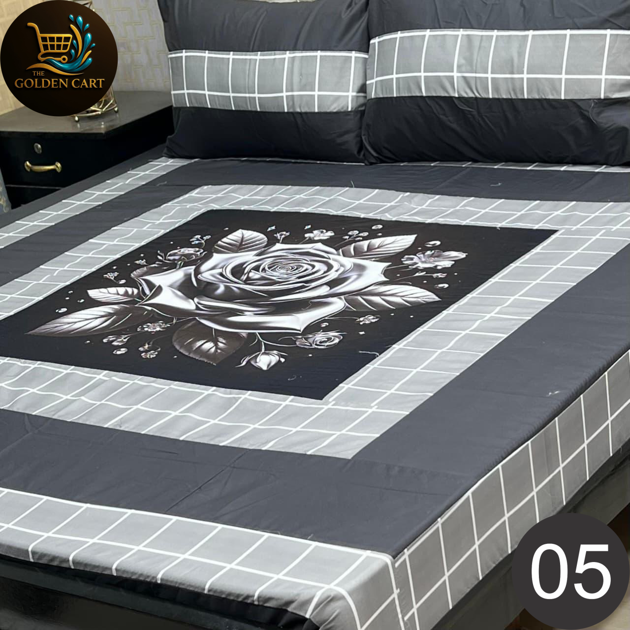 Pure Cotton Gold Panel King Size Bedsheet [SET D]