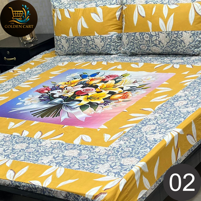 Pure Cotton Gold Panel King Size Bedsheet [SET E]