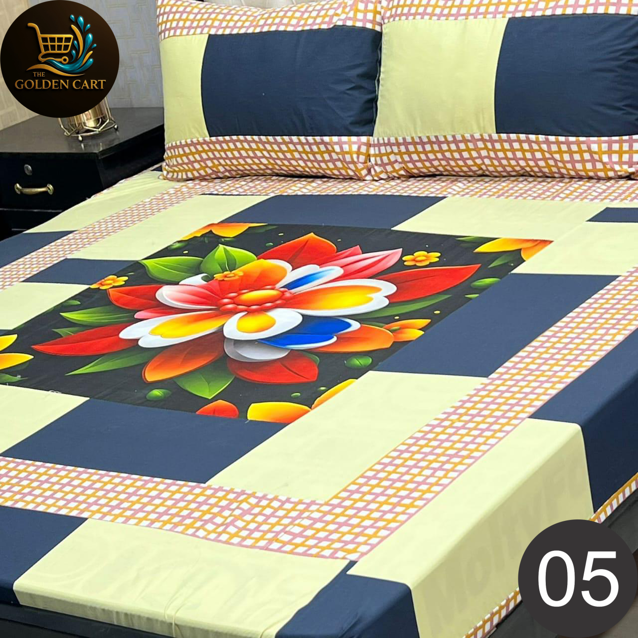 Pure Cotton Gold Panel King Size Bedsheet [SET E]
