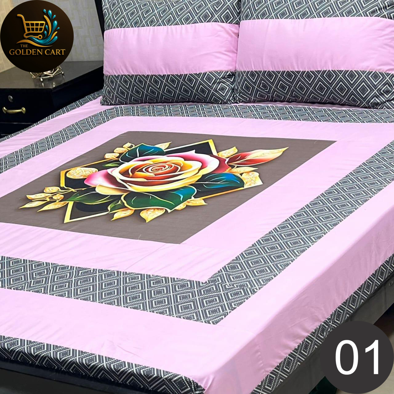 Pure Cotton Gold Panel King Size Bedsheet [SET F]