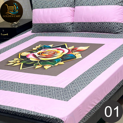 Pure Cotton Gold Panel King Size Bedsheet [SET F]