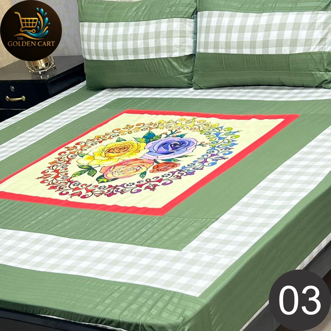 Pure Cotton Gold Panel King Size Bedsheet [SET F]