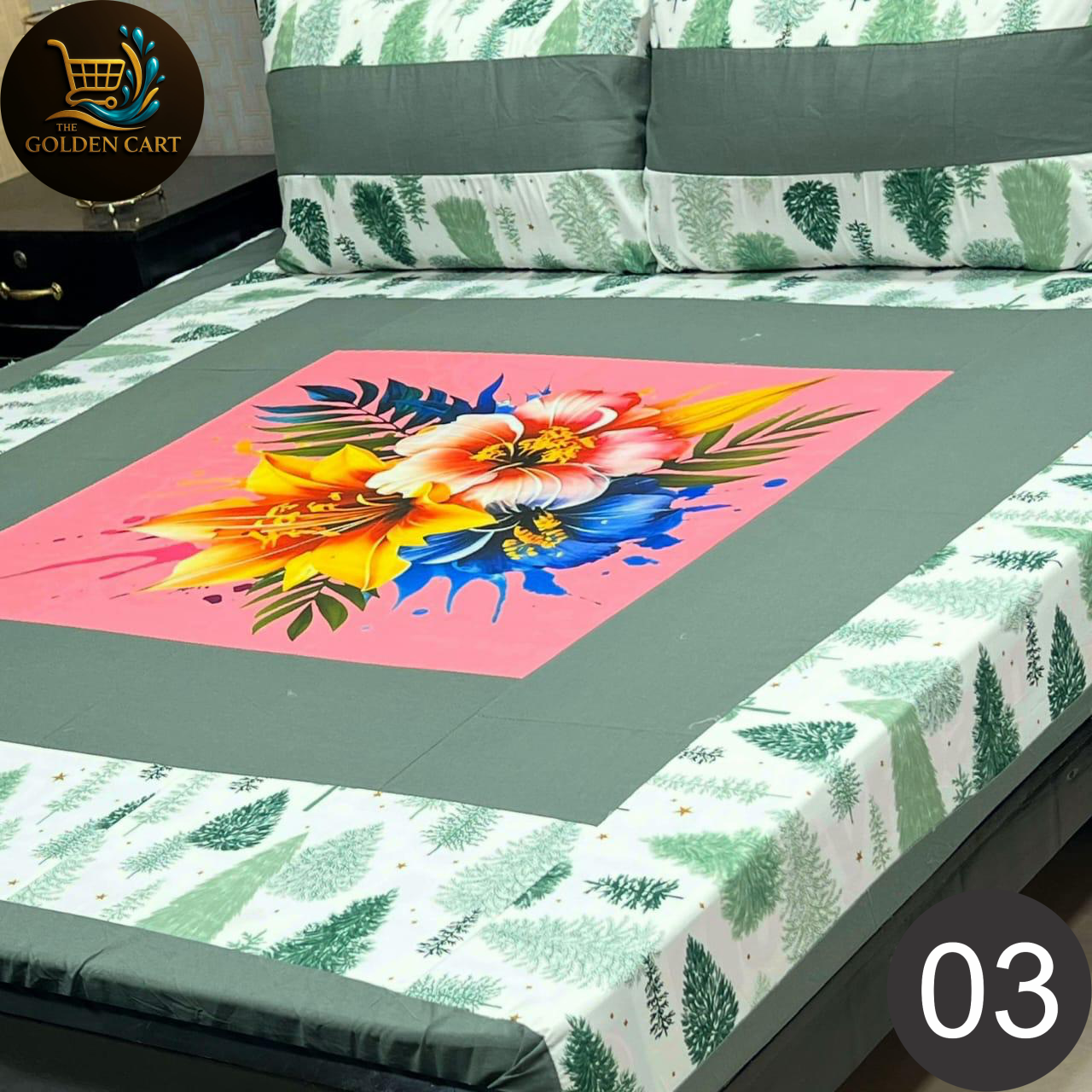 Pure Cotton Gold Panel King Size Bedsheet [SET G]