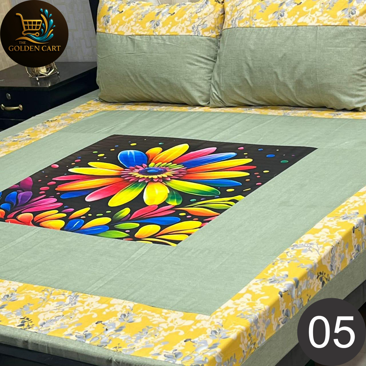 Pure Cotton Gold Panel King Size Bedsheet [SET G]