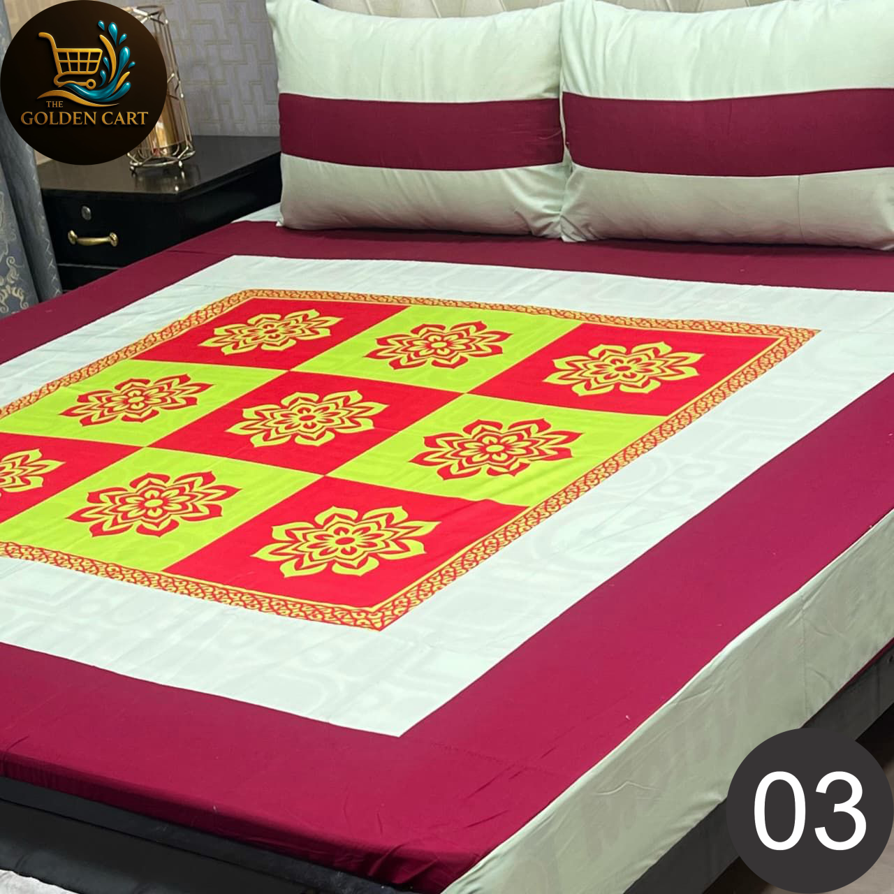 Pure Cotton Gold Panel King Size Bedsheet [SET H]