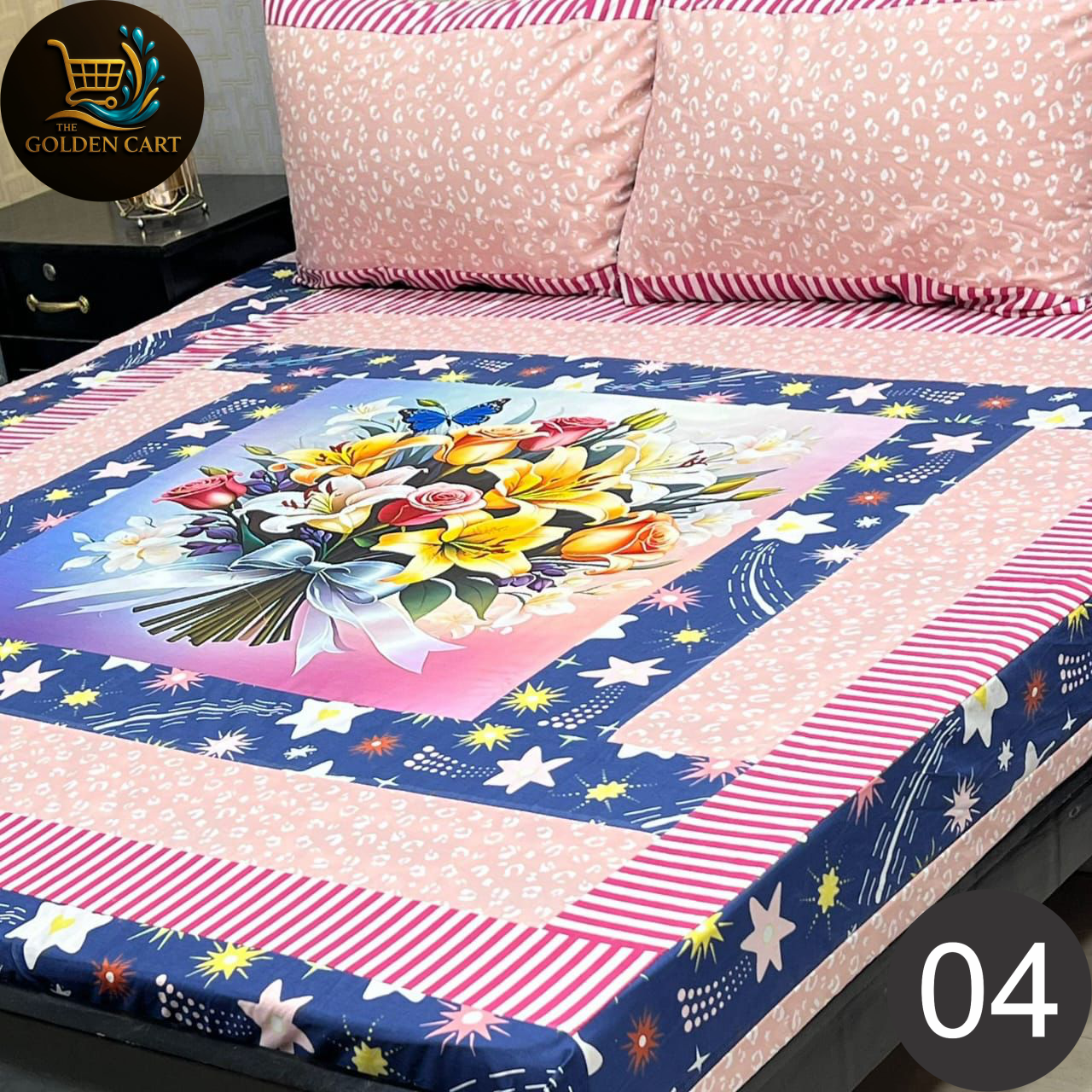 Pure Cotton Gold Panel King Size Bedsheet [SET H]