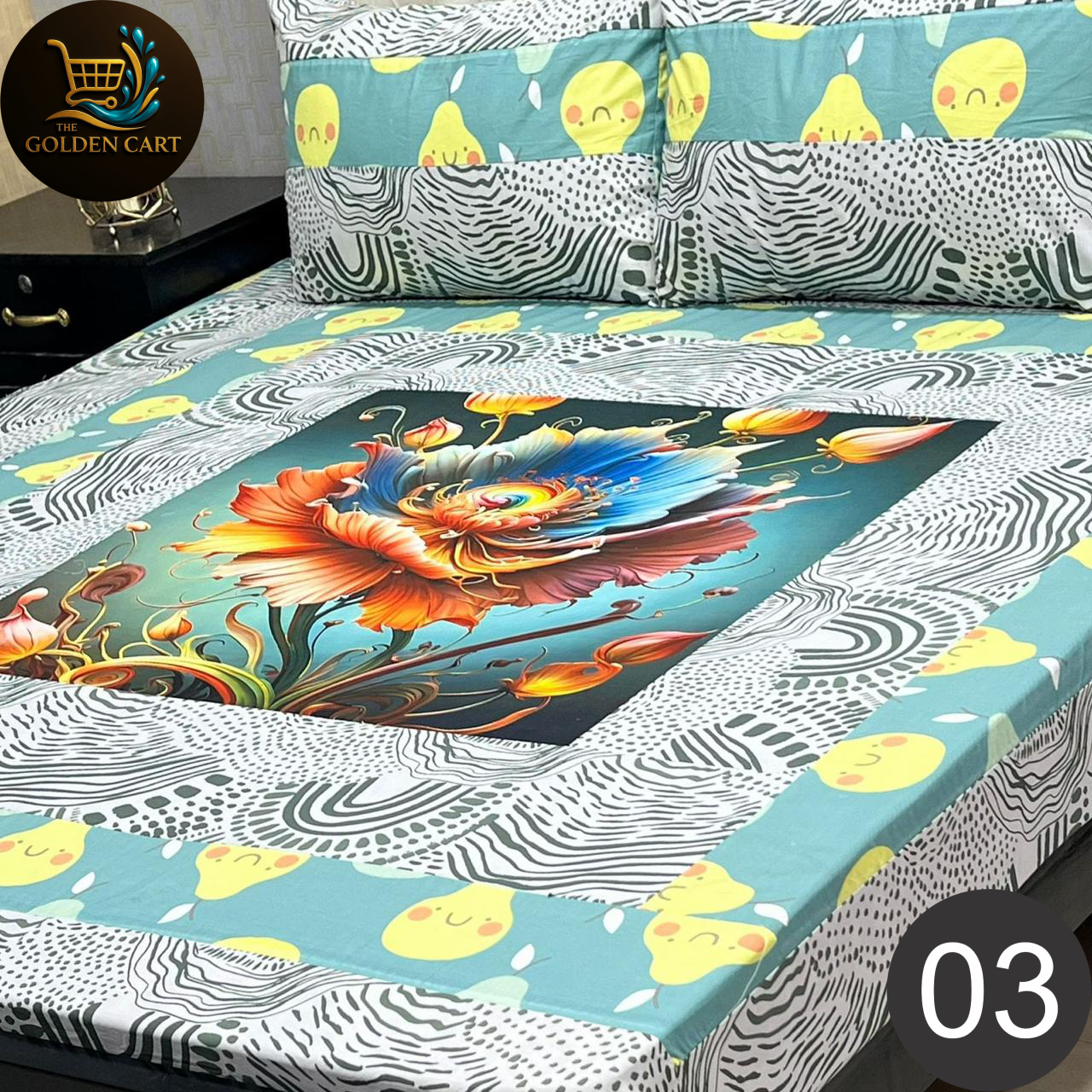 Pure Cotton Gold Panel King Size Bedsheet [SET J]