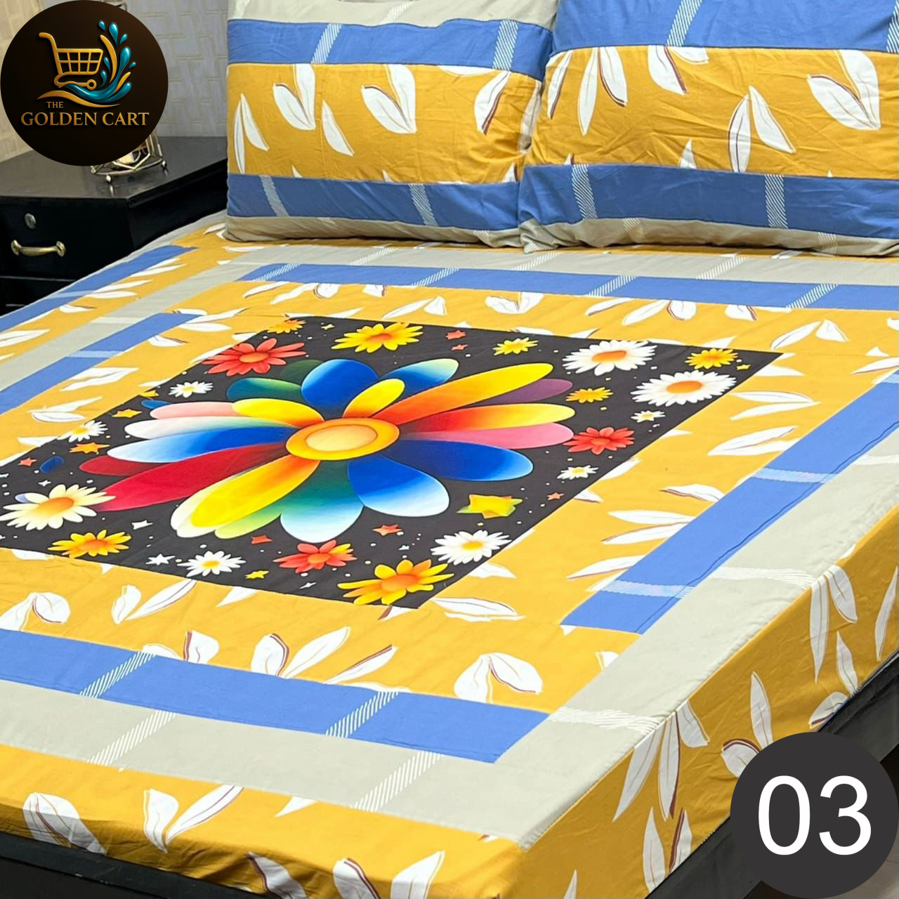 Pure Cotton Gold Panel King Size Bedsheet [SET I]